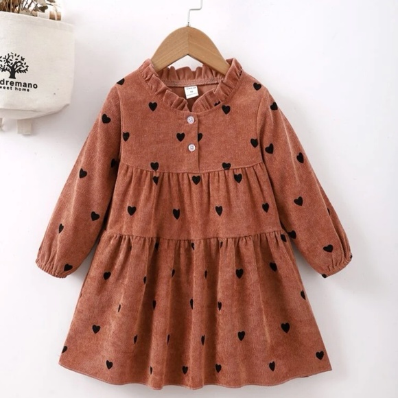 SHEIN Other - Toddler Girl Frill Neck Heart Print Corduroy Smoke Dress 5/6
